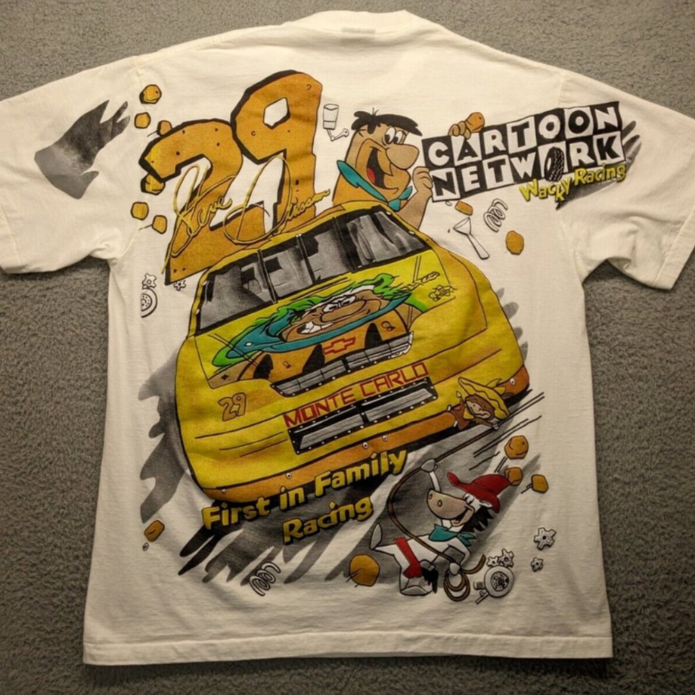1996 Flintstones Cartoon Network Modern Boot NASCAR AOP Tee Single Stitch